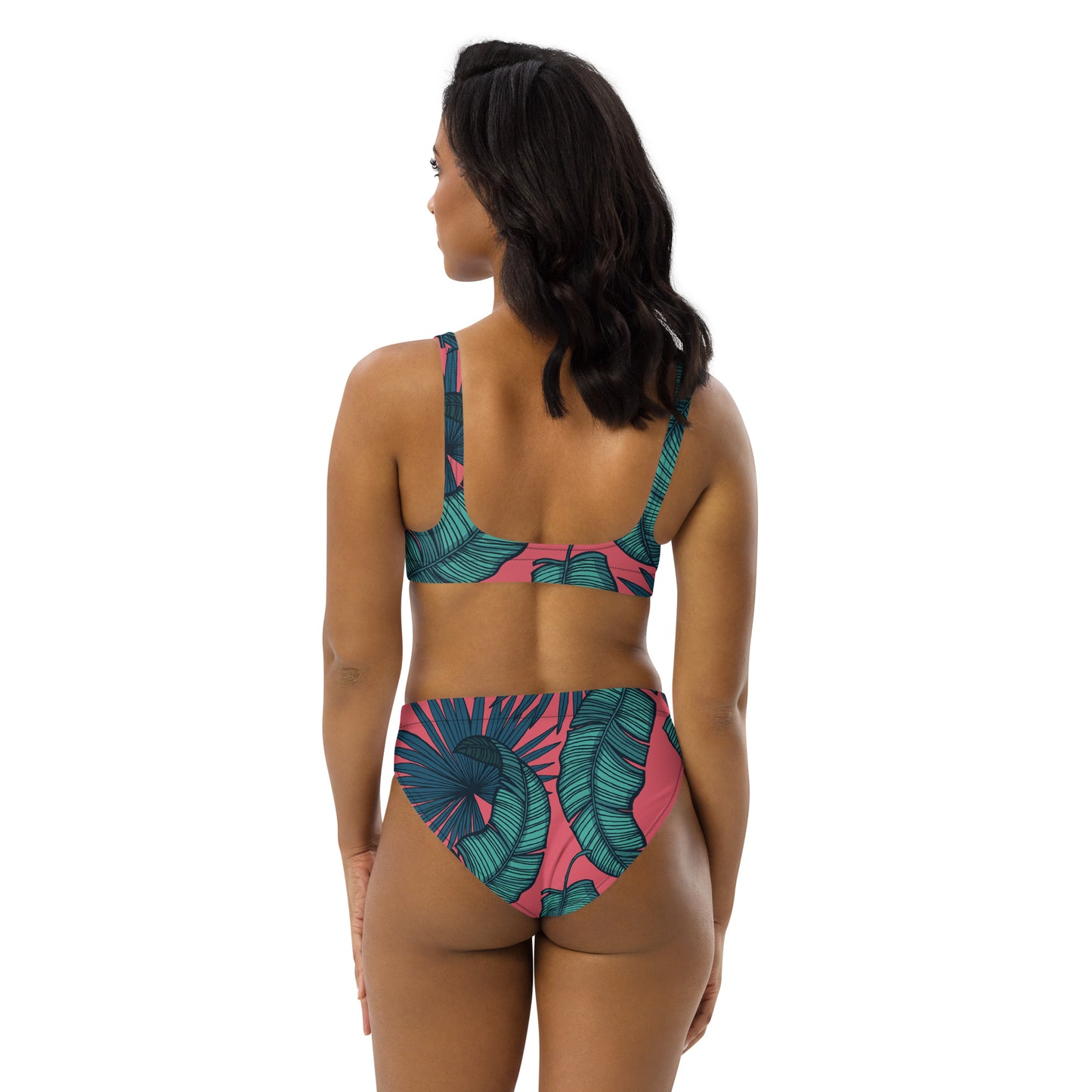 Pink & Teal Leaves Recycled high-waisted bikini