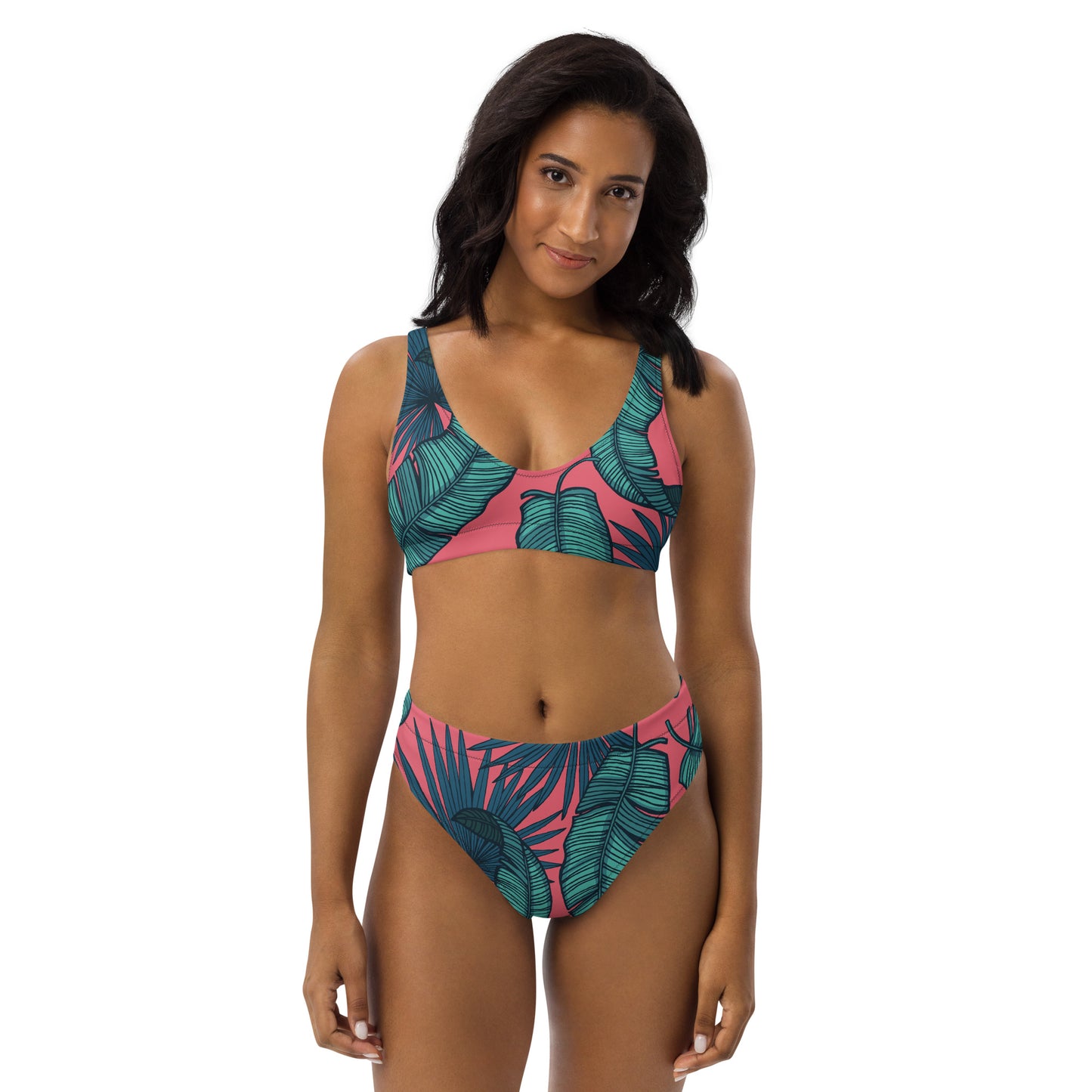 Pink & Teal Leaves Recycled high-waisted bikini