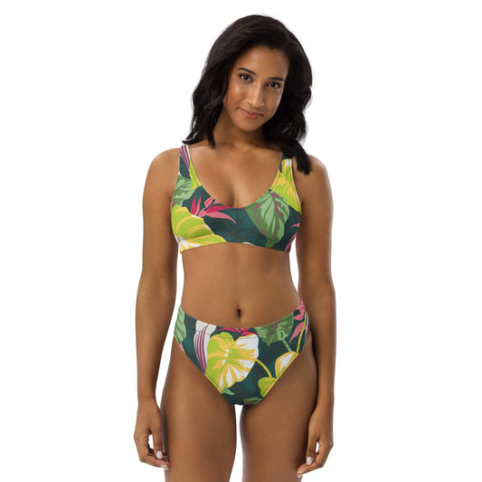 Neon Green Leaves Recycled high-waisted bikini