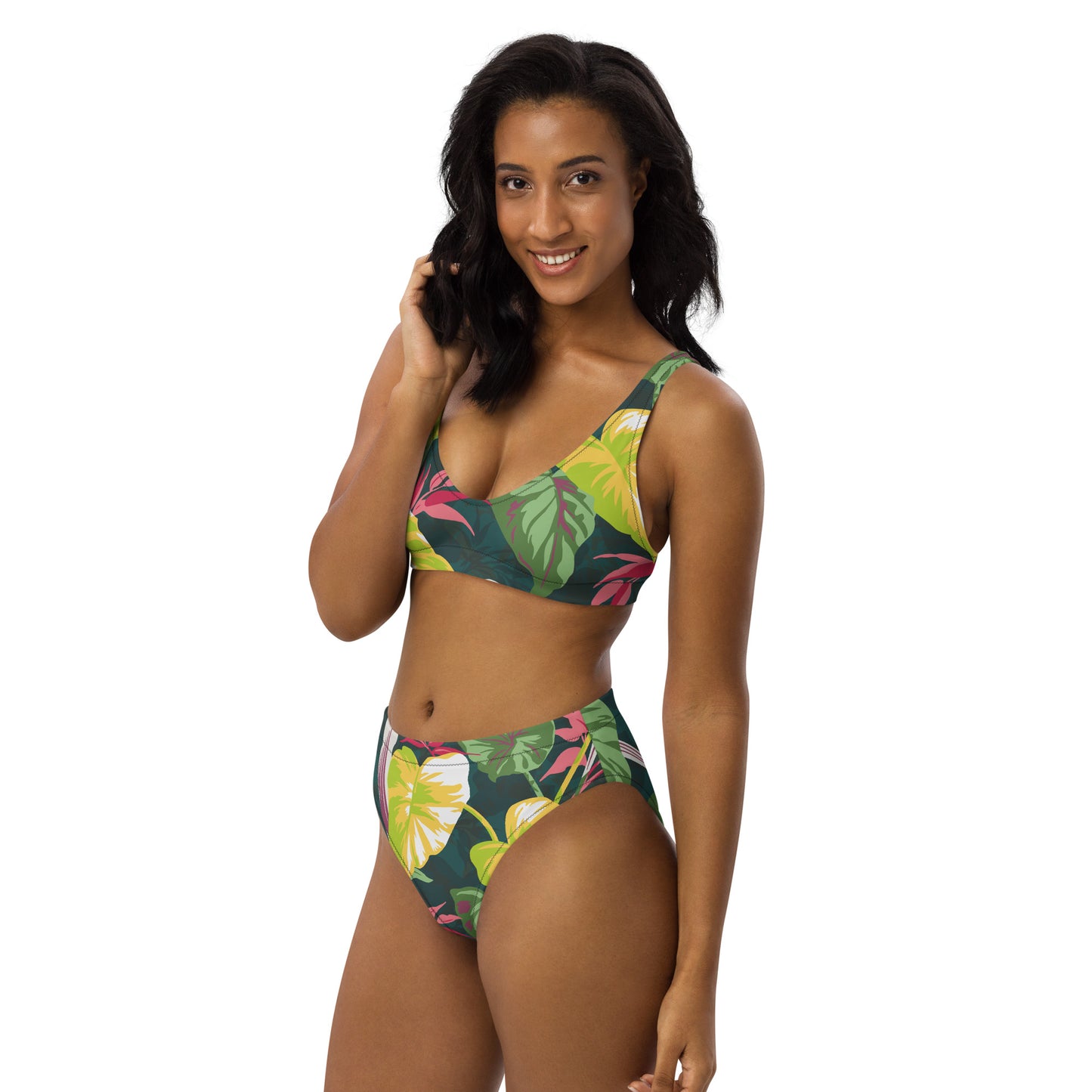 Neon Green Leaves Recycled high-waisted bikini