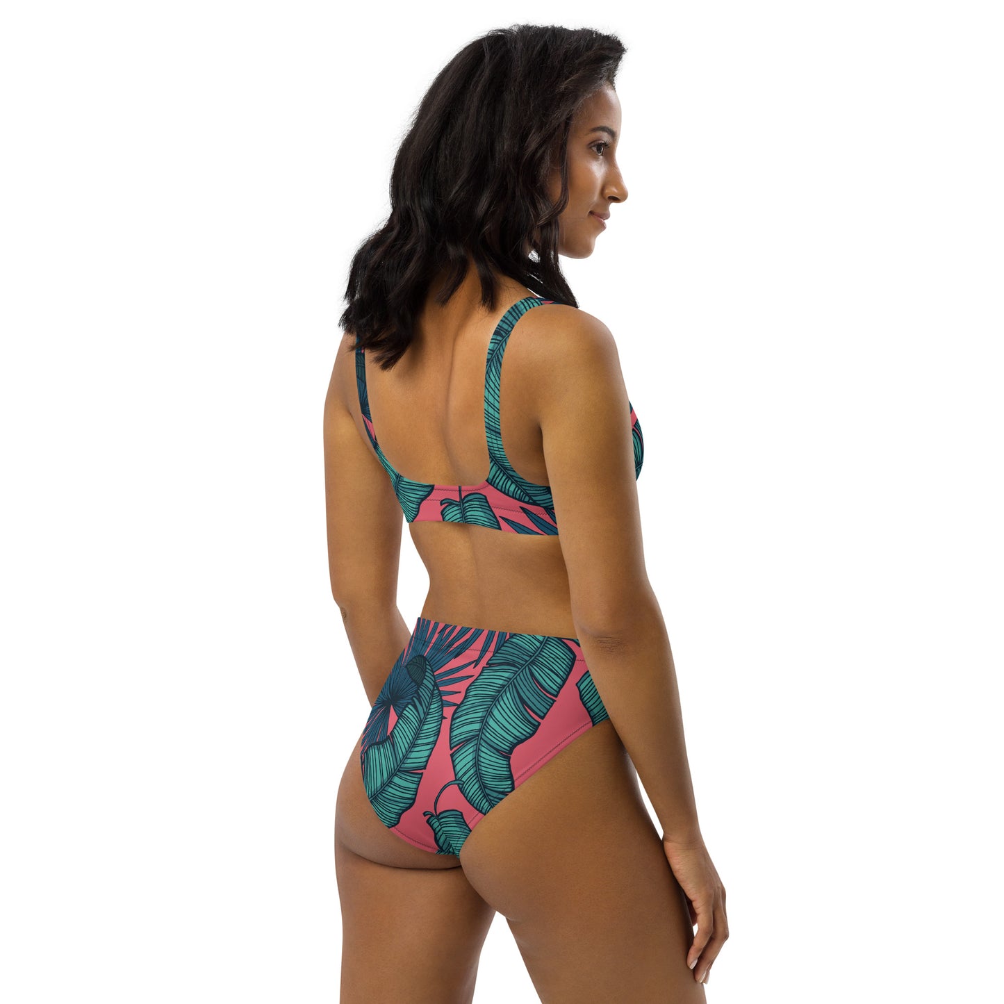 Pink & Teal Leaves Recycled high-waisted bikini