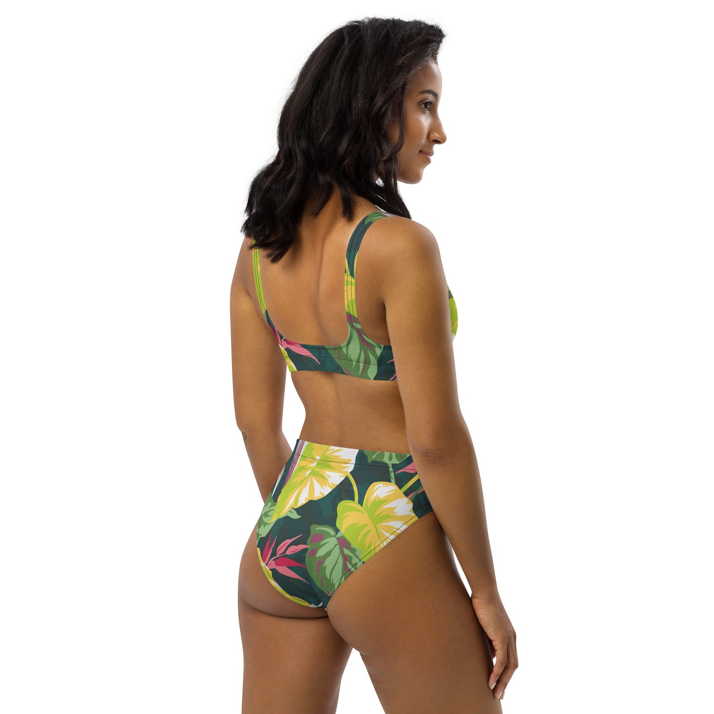 Neon Green Leaves Recycled high-waisted bikini