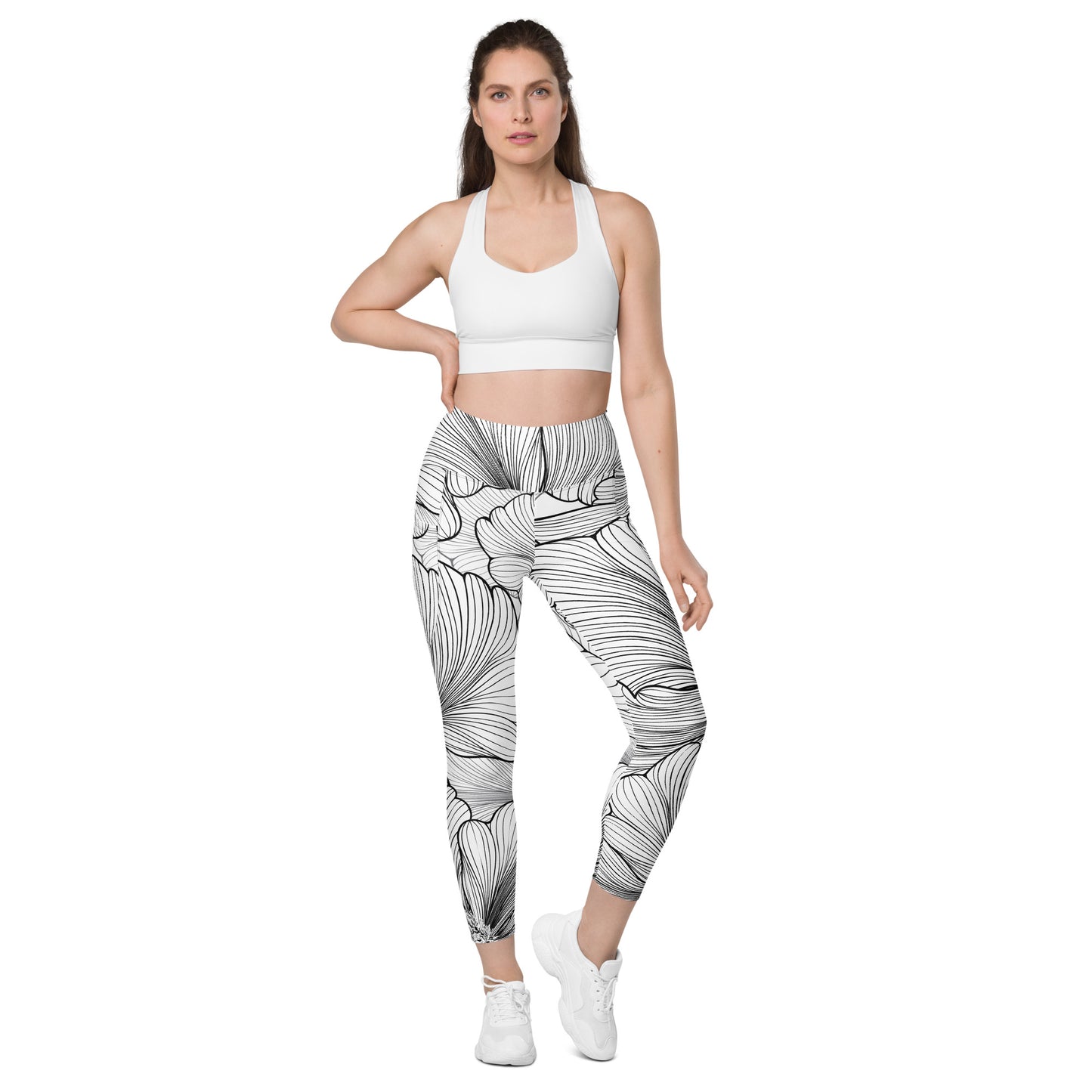 B&W Leaves Leggings with pockets