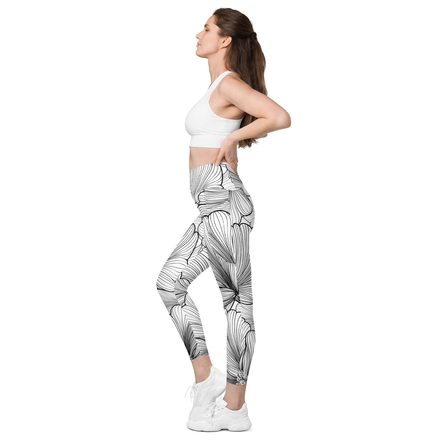 B&W Leaves Leggings with pockets