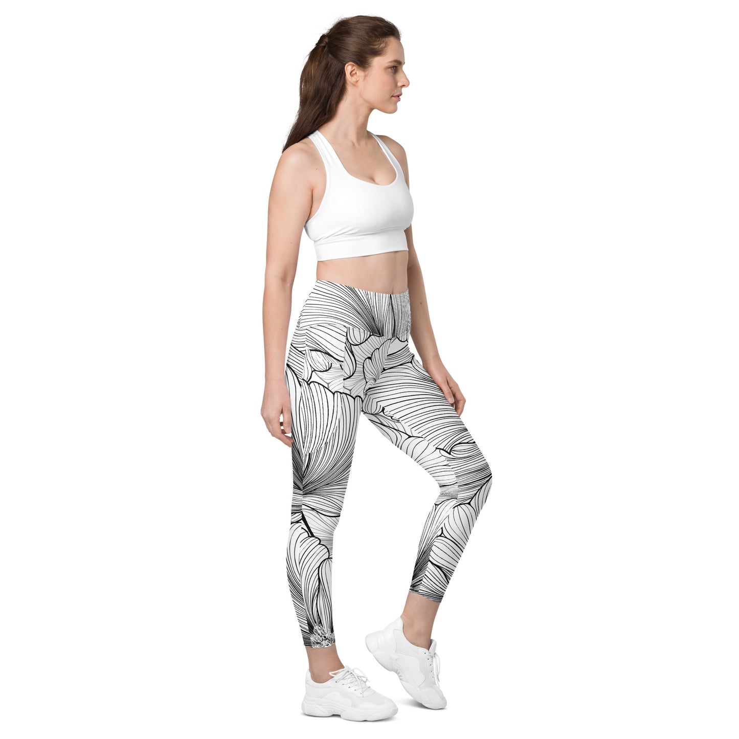 B&W Leaves Leggings with pockets