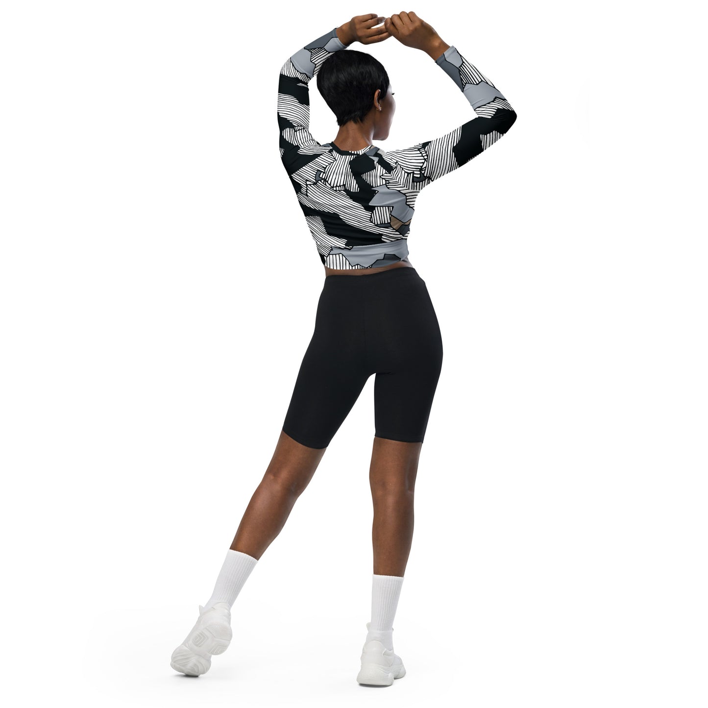 Recycled White on Black long-sleeve crop top