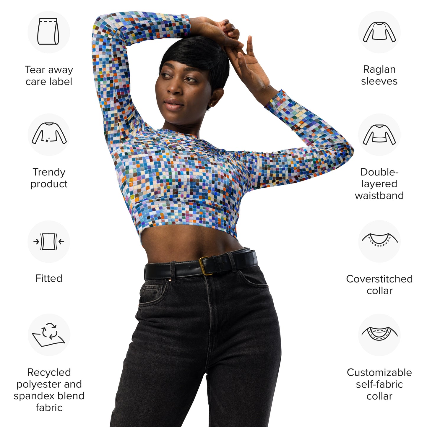 Pixels Recycled long-sleeve crop top