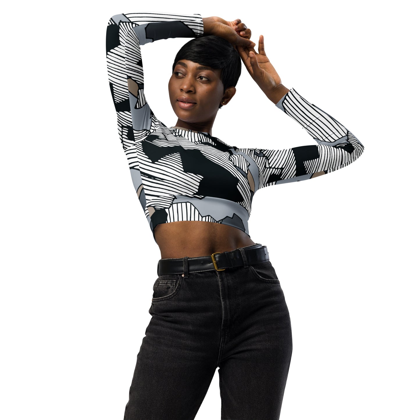 Recycled White on Black long-sleeve crop top