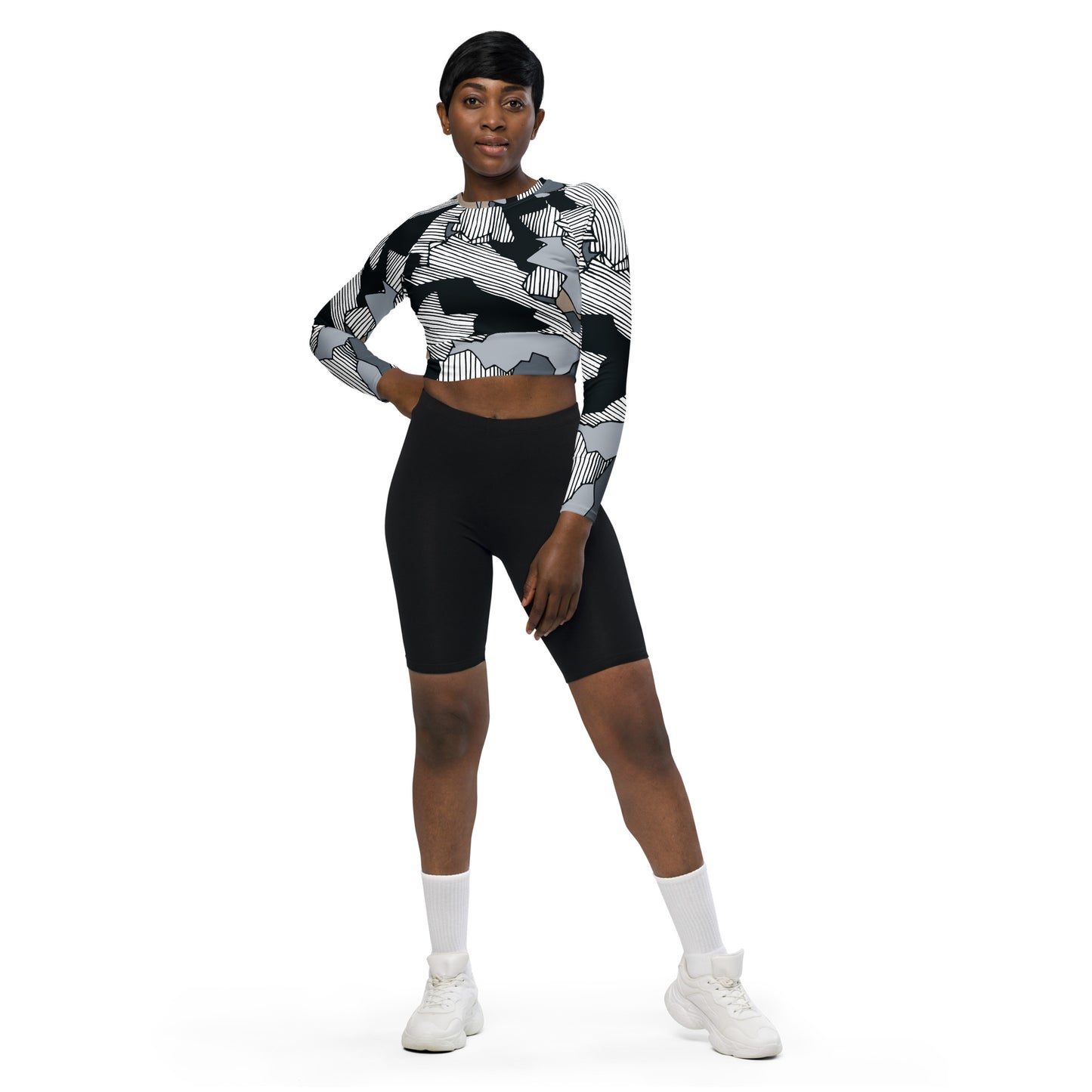 Recycled White on Black long-sleeve crop top