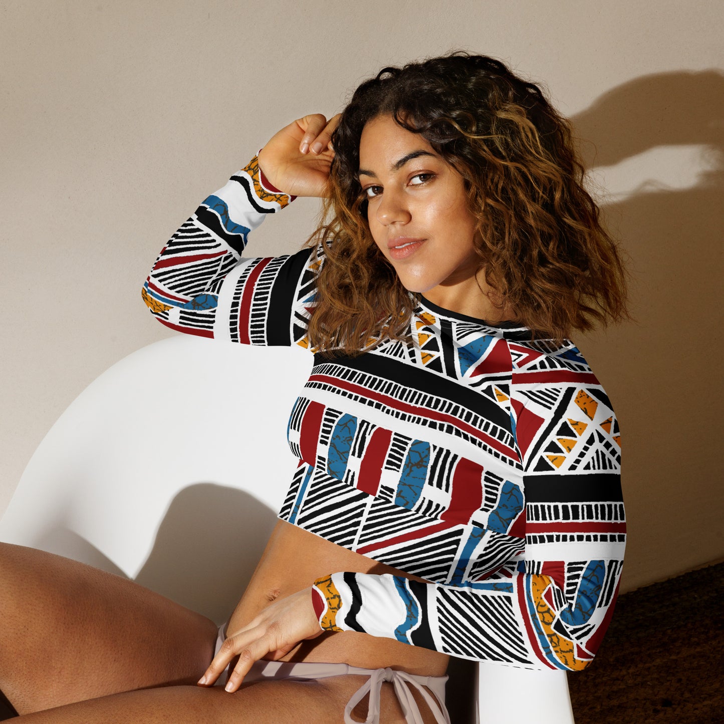 Recycled Primary Colors Aztec long-sleeve crop top